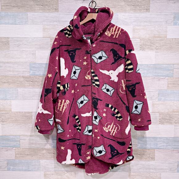 Harry Potter Hooded Full Zip Fleece Robe Red Allover Print Pockets Womens Large - Picture 1 of 6